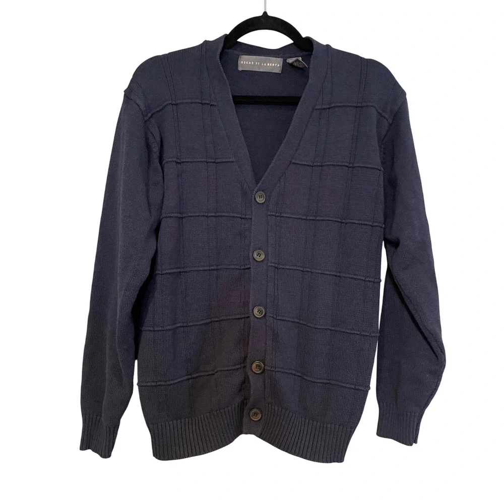 Oscar de la Renta Men Navy Blue  Sweater Button Front L Eclectic Grandpa Coastal